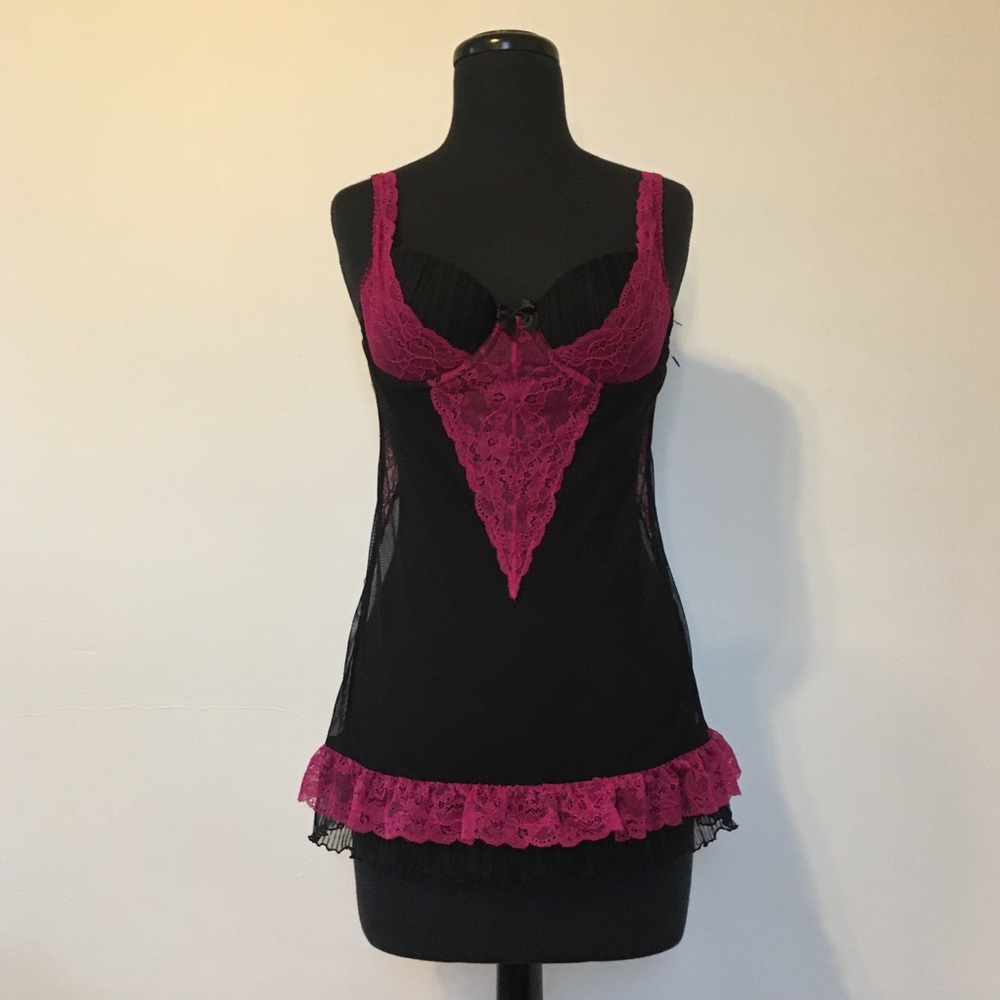 Frederick's of Hollywood Black and Magenta Babydoll Lingerie, S